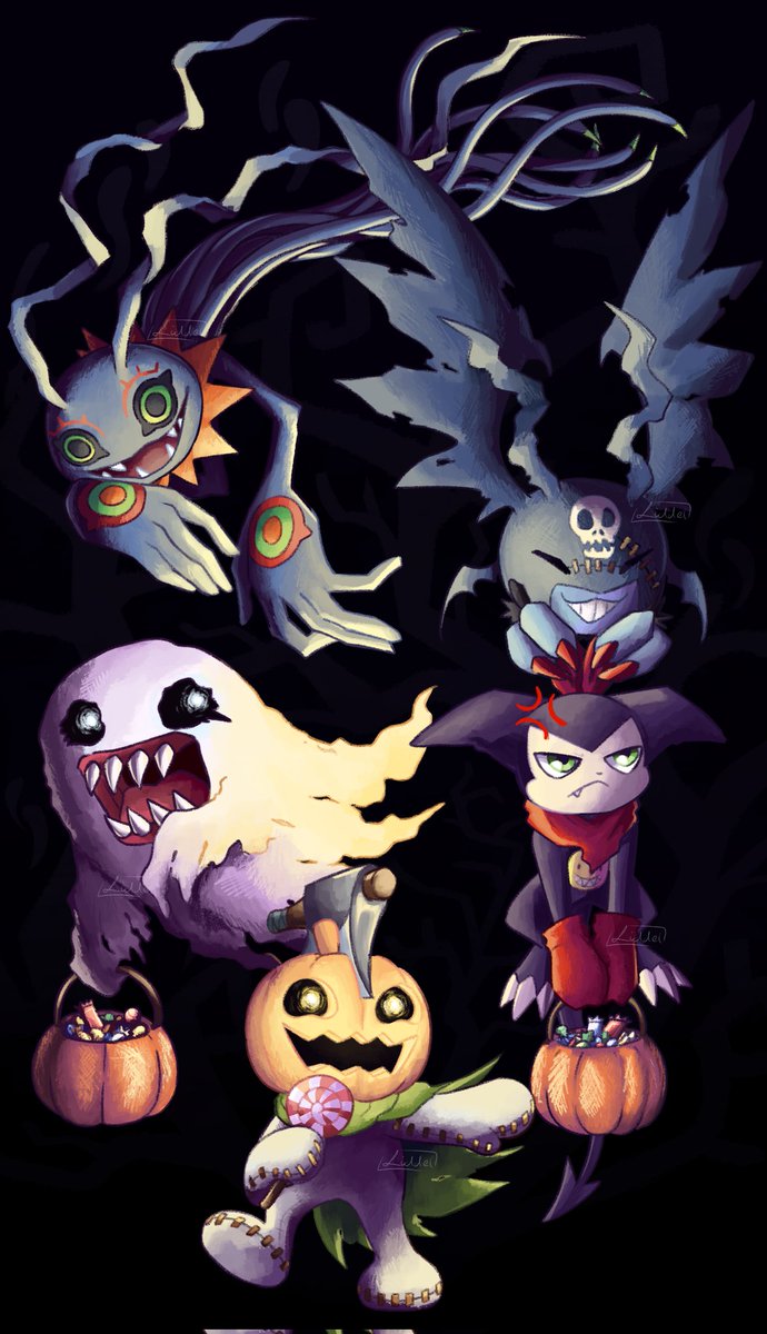 Spooky season digimon!!! 
They're all so fancy! (Especially Keramon. I love Keramon)
#digimon #digimonart