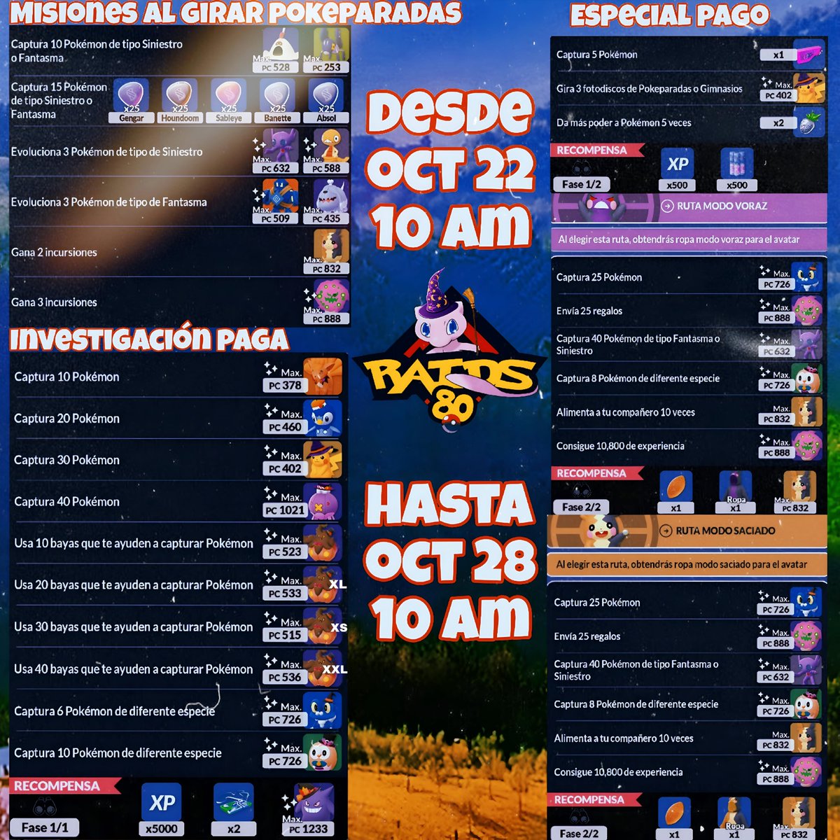 GRaids80's tweet photo. Empieza el evento de #Halloween #hoy 10am, es el #debut de #morpeko y les dejamos #infografía con misiones #pagas y también las de campo para que la guarden y compartan, buena suerte a todos! #pokemonGo #pokemon #GoRaids80 #trending #FelizMartes #goSnapshot #Colombia #bogota https://t.co/W7F0yF6LUI