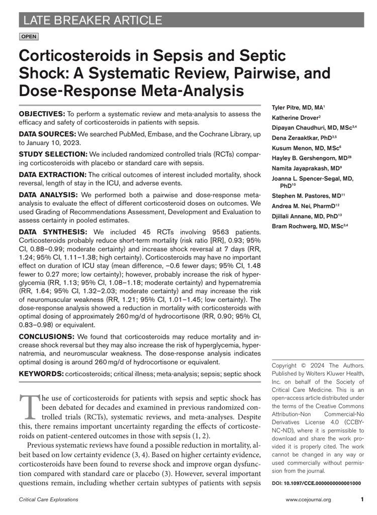 💉 🦠 Esteroides en choque séptico 

Usar una dosis de hidrocortisona de 260 mg por día podría disminuir la mortalidad. 

Revisión sistemática con meta-análisis 

🔗 pubmed.ncbi.nlm.nih.gov/38250247/