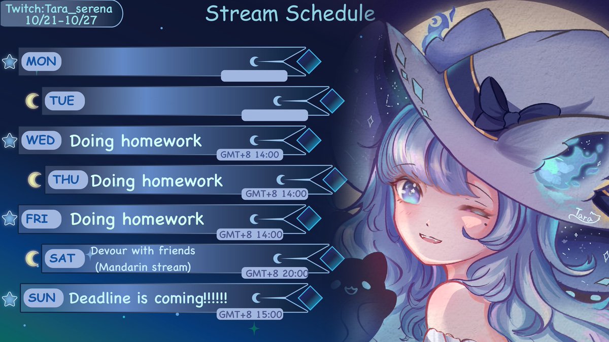 I’m back schedule drop ✨
 Is my homework week🥹
And we have a horror collab with some friends form TW💫