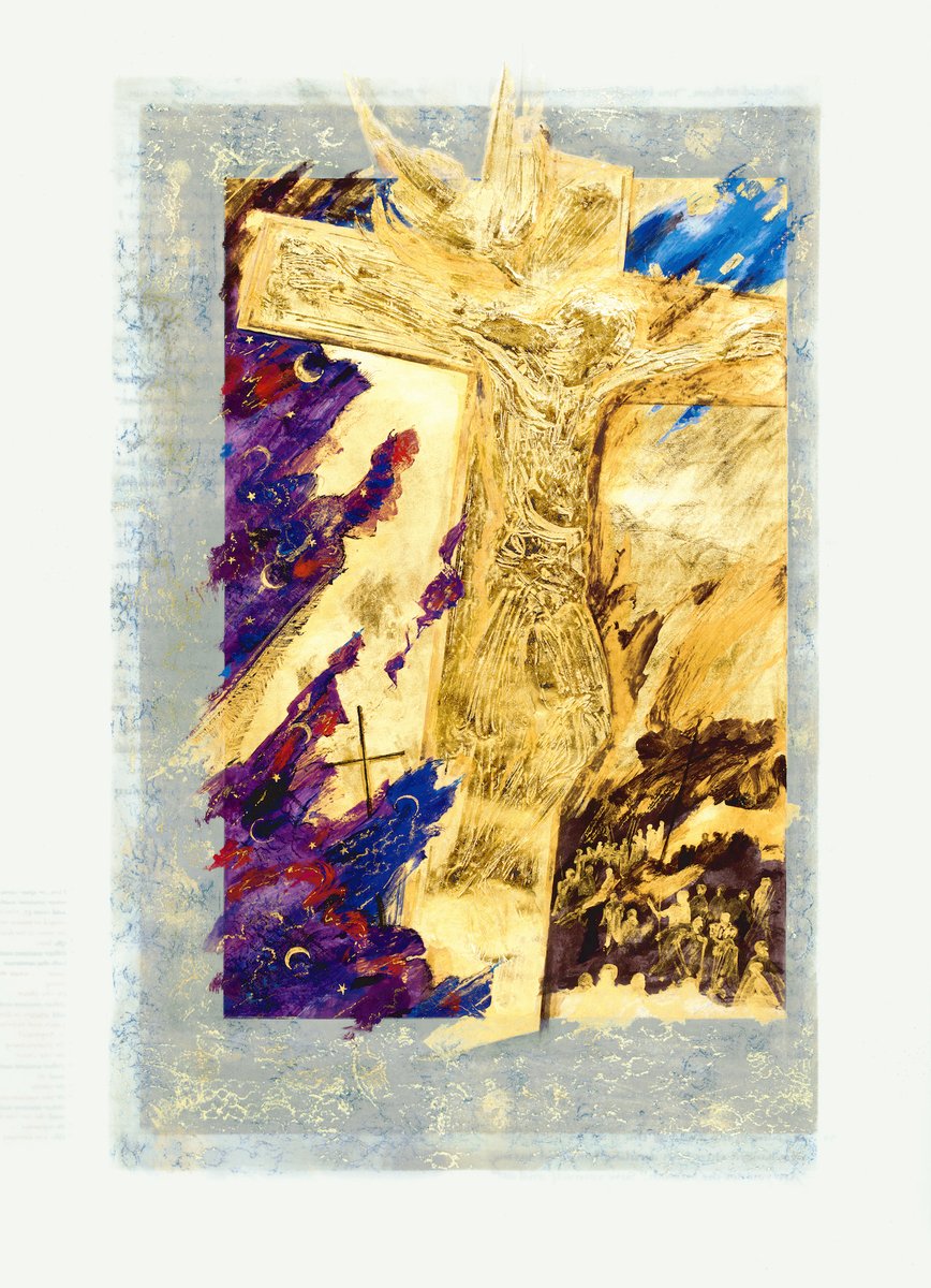 andersonsview's tweet image. This striking #painting by Donald Jackson, “Crucifixion” (The Saint John’s Bible, Vol. 6: #Gospels and #Acts) displays God’s revelatory #glory (in illuminated #gold) following the agonized sculpture of #Jesus on the #cross (“The Giro Cross”) in the #Cologne #Cathedral (10th C.).