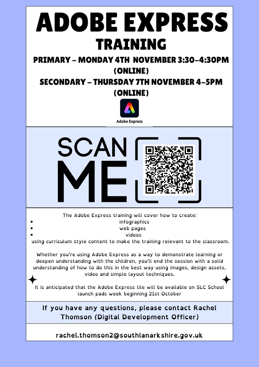 Adobe Express is now accessible for Staff and Pupils via  Glow launchpads 👏This is an incredible platform that adds a digital element to any lesson! Scan the QR code below to sign up for our Primary or Secondary staff training sessions 🖥️