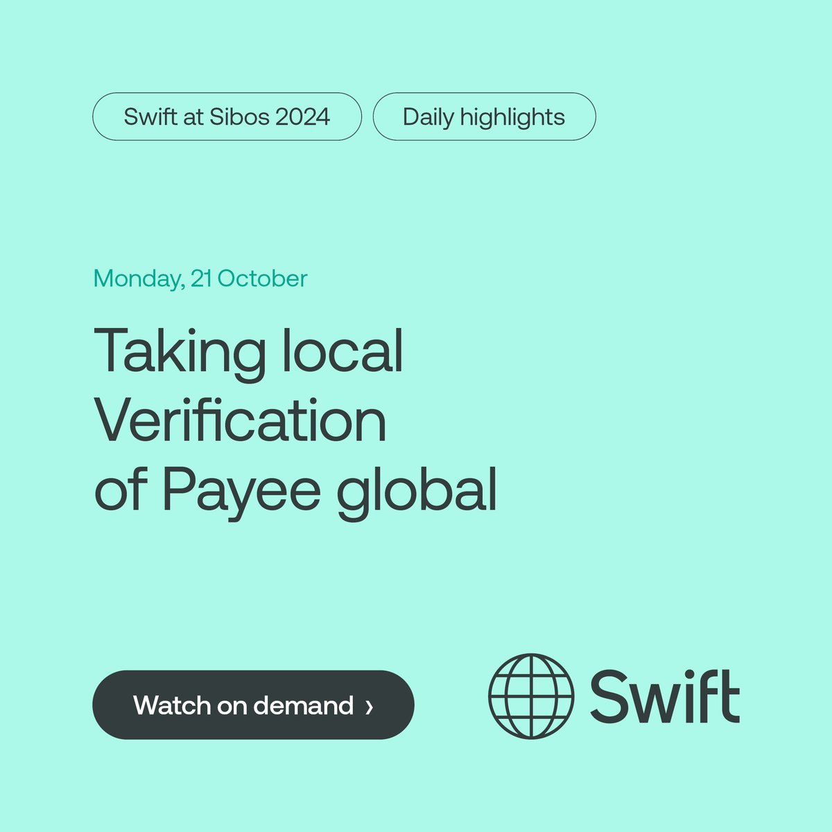 swiftcommunity's tweet image. 📢 Watch ‘Taking local Verification of Payee global’ now.

Find out how Verification of Payee is combatting Authorised Push Payment fraud and what other challenges the system can address.
 
 📽️ sibos.com/conference/onl…

#swiftatsibos #sibos #sibos2024