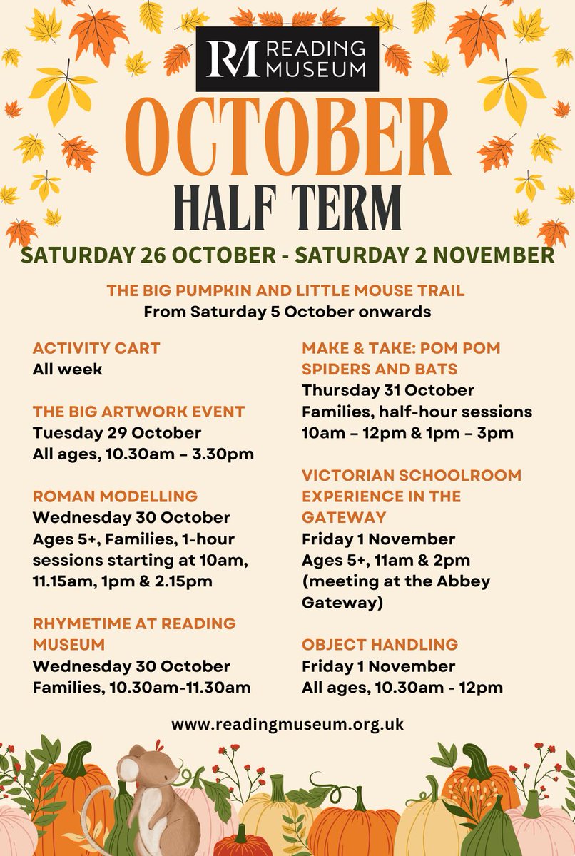 readingmuseum's tweet photo. Planning what to do this October Half Term?
Visit us at Reading Museum for lots of family friendly events! ⭐
https://t.co/NUSXzjagup
#RDG #RDGUK #OctoberHalfTermFun https://t.co/SzMl5e9vz7