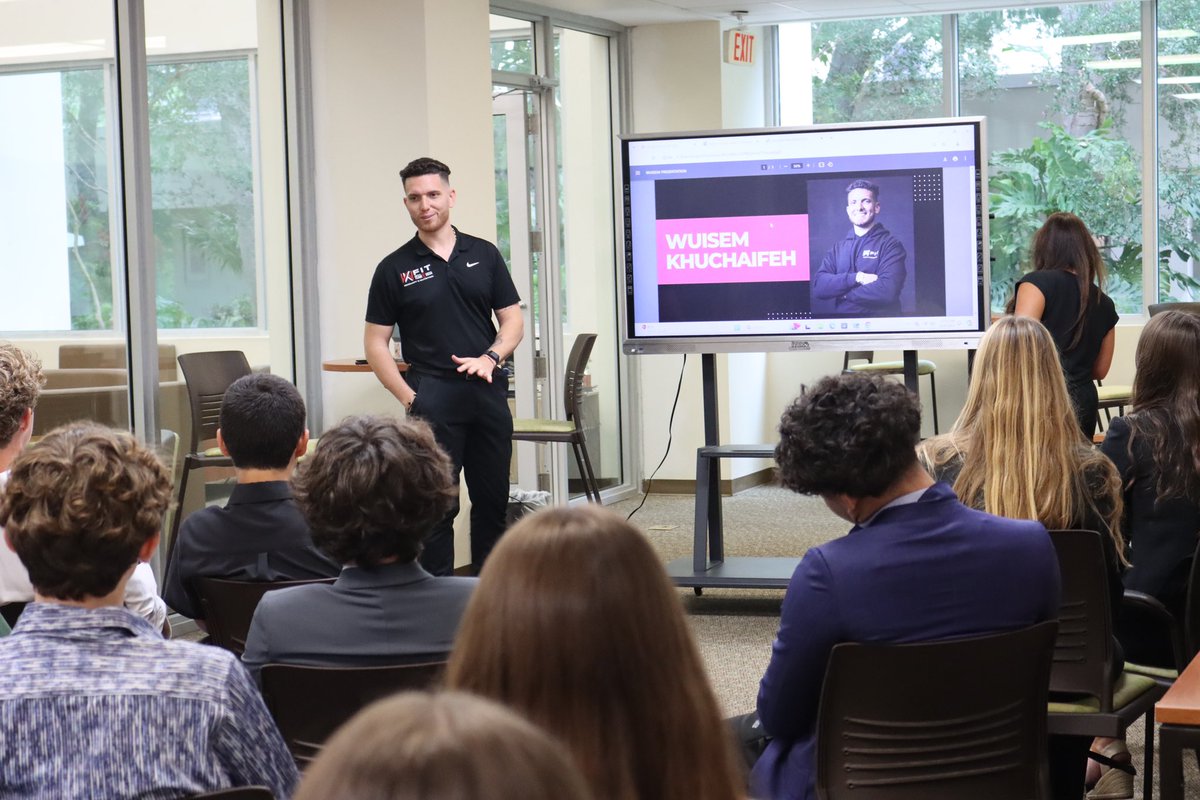 Thank you Wuisem Khuchaifeh for speaking to our entrepreneurship students! Since the age of 10, he’s embraced a love for sports, health &amp; fitness. After earning two degrees, he now owns a facility in Miami where he helps athletes achieve their goals &amp; transform their health 👐