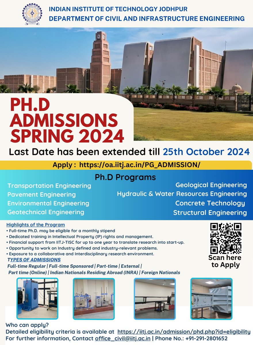 Civil & Infrastructure Engineering at IIT Jodhpur (@cieiitj) on Twitter photo ๐จ Admission's Last Date Extended
๐ท Ph.D. programs for Spring 2024-25 are now open at <a href="/cieiitj/">Civil & Infrastructure Engineering at IIT Jodhpur</a> ! Dive into cutting-edge research in specializations like Transportation, Environmental, and Structural Engineering
๐๏ธApply by: Oct 25, 2024
#Admissions #PhDAdmissions #IITJodhpur ๐จ Admission's Last Date Extended
๐ท Ph.D. programs for Spring 2024-25 are now open at <a href="/cieiitj/">Civil & Infrastructure Engineering at IIT Jodhpur</a> ! Dive into cutting-edge research in specializations like Transportation, Environmental, and Structural Engineering
๐๏ธApply by: Oct 25, 2024
#Admissions #PhDAdmissions #IITJodhpur