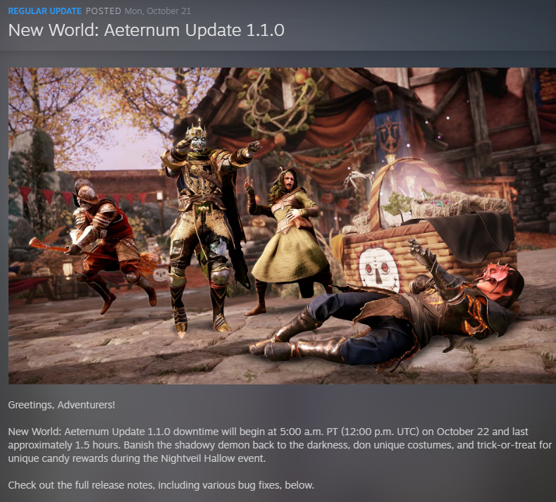 Tomathy_J's tweet photo. @NWGameStatus  For those wondering how long NW is going to be down - estimated 1.5 hours. Screenshot taken from New World Steam Page announcing update 1.1.0. Initial maintenance start looks to have been delayed by 40 minutes. https://t.co/VJCV3HPJkB