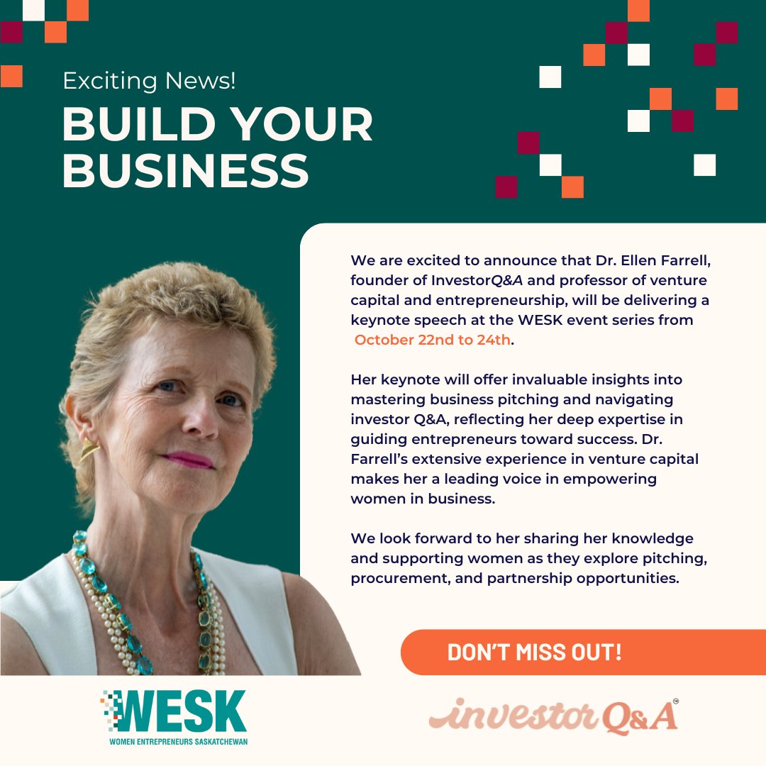 The <a href="/WESK306/">WESK</a> (Women Entrepreneurs of Saskatchewan) event kicks-off TODAY! Catch Dr. Ellen Farrell, creator of <a href="/InvestoreadyVC/">InvestorQ&A</a>, as she keynotes from October 22nd to 24th. 
Learn more: wesk.ca/events/

#WESK #BusinessPitching #VentureCapital #Leadership #Entrepreneurship