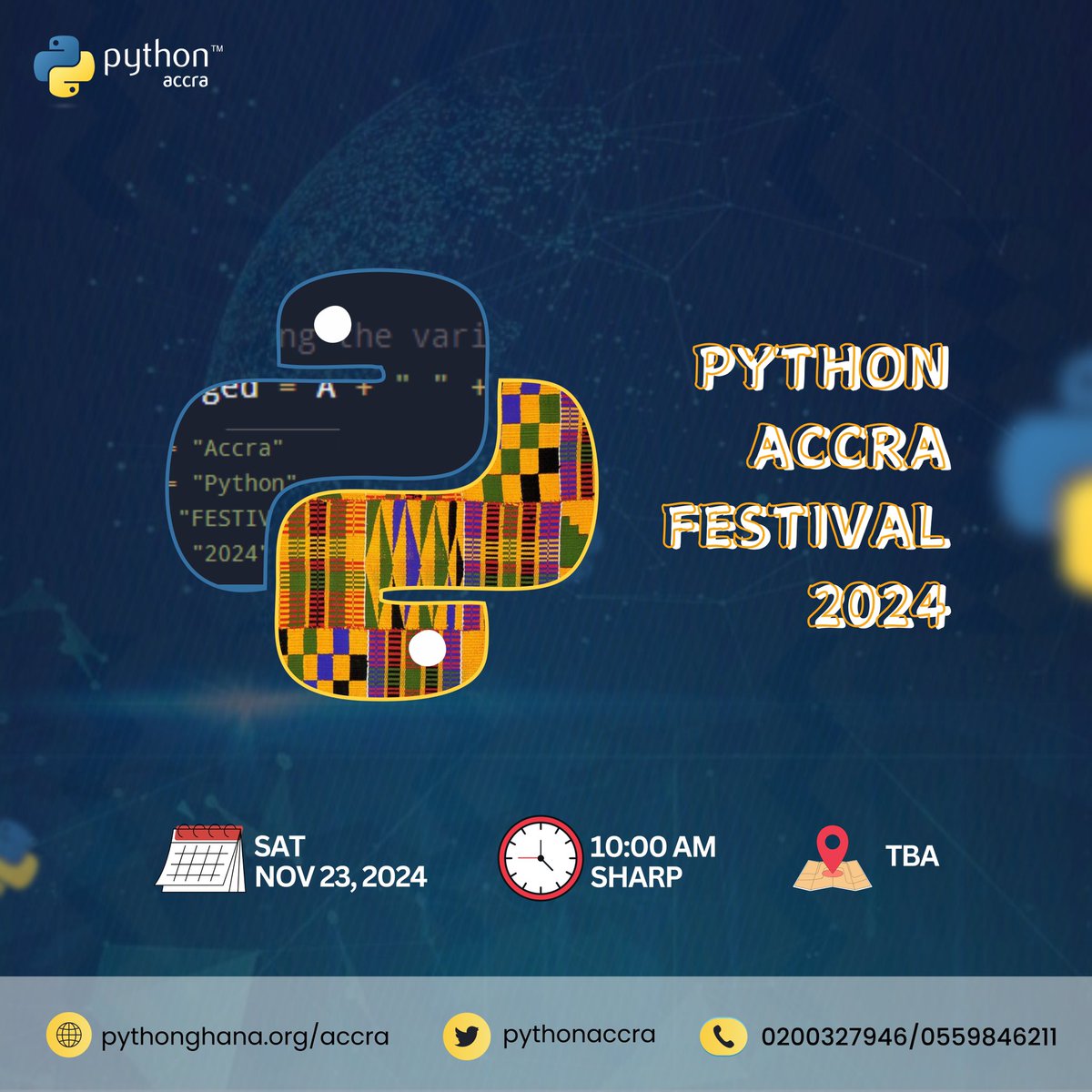 Python Accra Festival 2024 🚀
Theme: Building the Future with Python: Code, Culture &amp; Creativity

🎯 Join us for a transformative experience where code meets culture!

🎯Follow for updates and reserve your spot today!

#PythonAccraFestival
#CodeCultureCreativity
#PyFest2024