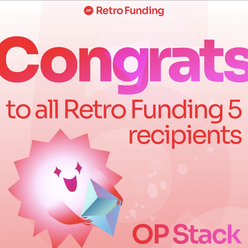 Optimism's tweet photo. Optimism exists due to contributions from developers across all of Ethereum.

Retro Funding 5 rewarded 8M OP to developers contributing to the success of the OP Stack and Ethereum, who keep the technology behind the protocol secure and vibrant. https://t.co/nUbNEhJLr6