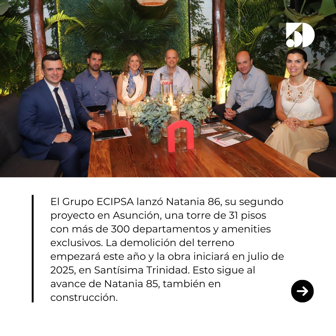 5DiasPy's tweet photo. 🌆 Lanzamiento

El inicio de obra de Natania 86 se prevé para julio del 2025, pero la primera etapa de demolición comenzará antes de fin de año. En paralelo, avanza con la obra de Natania 85, que ya presenta importantes avances y cuya construcción está a cargo de Salum & Wenz. 

🔹Nota completa 🔗 https://t.co/emtJ1R43L2 

#InversionInmobiliaria #ViviendaAsuncion #MercadoParaguayo #5Días #Pasionporlosnegocios
