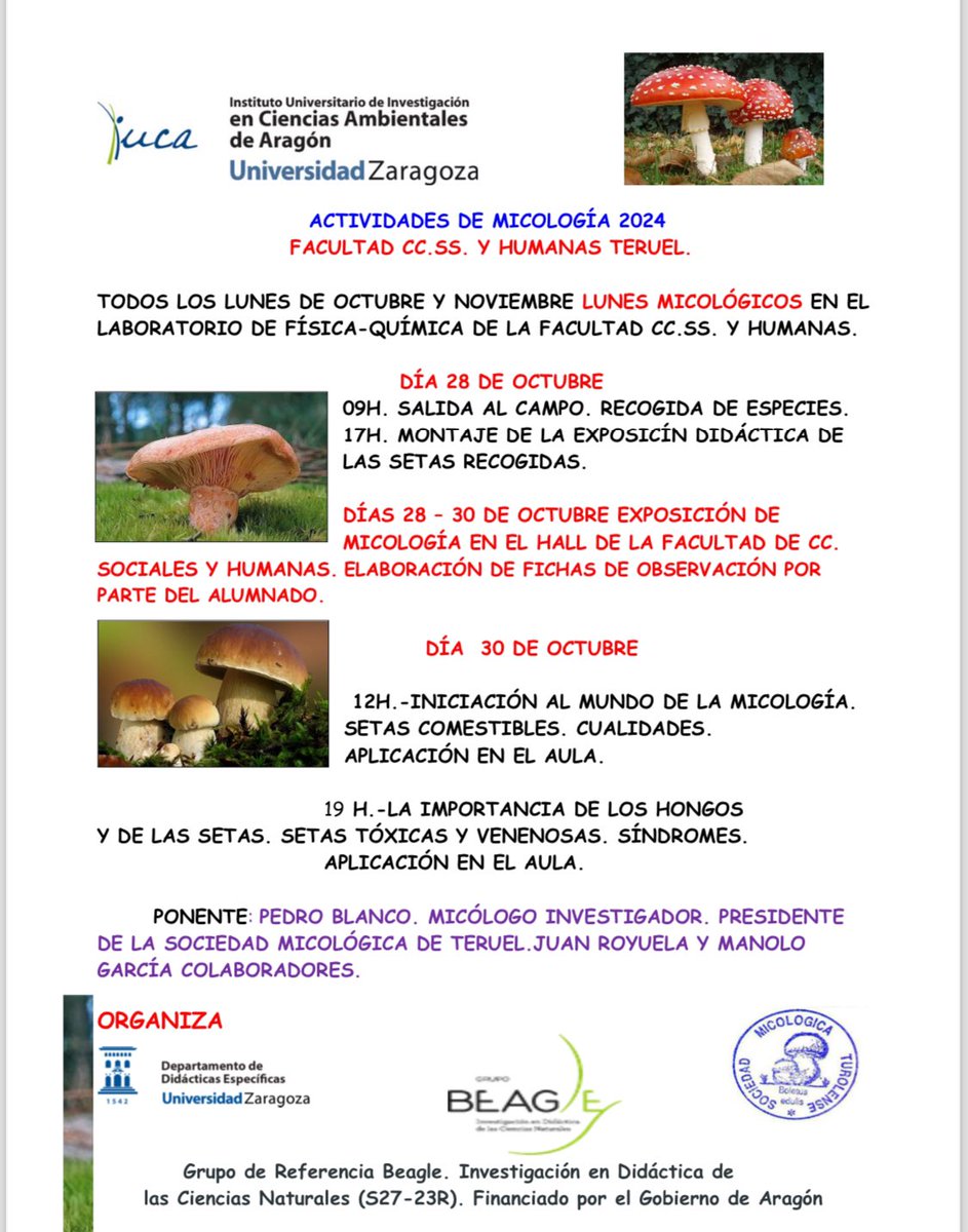 Nuestros compañeros del campus de Teruel presentan una nueva edición de las Jornadas Micológicas. No os las perdáis <a href="/IUCAunizar/">IUCA</a>