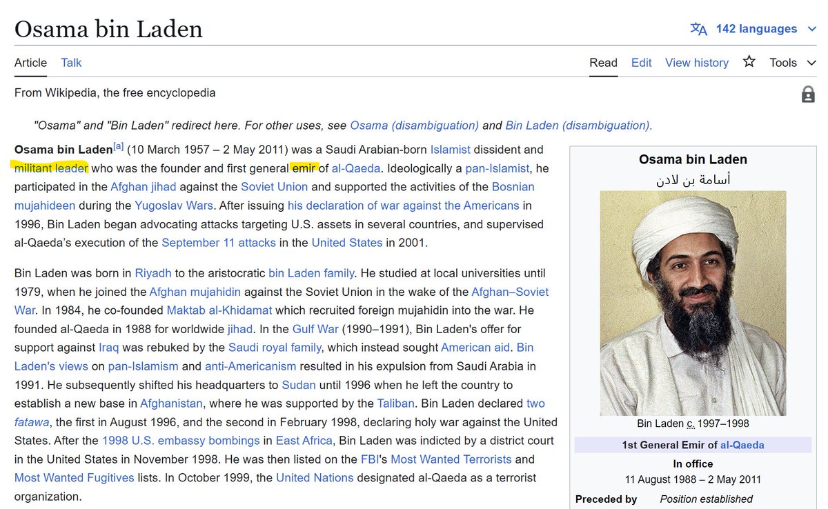 WikiBias's tweet photo. The beginning of a Wikipedia article is crucial in shaping readers' perceptions, especially given that most users spend only 18-25 seconds on a page.

In the case of the English Wikipedia article about Yahya Sinwar, his connection to terrorism appears later in the text, allowing other aspects of his biography to take precedence. 
Similarly, the article on Osama bin Laden opens by describing him as a "militant leader," delaying the explicit mention of his identification as a terrorist until the end of the second paragraph, with the fact that he was responsible for the deaths of 3,000 people only introduced in the third paragraph.

The editorial choice to use smiling images for both figures (with Sinwar’s picture recently updated) further contributes to an effort to normalize men associated with mass violence. 
By presenting them in a more humanized and less threatening manner, this visual and textual framing subtly influences how these individuals are perceived by readers on a platform with vast public reach.

#WikiWashing