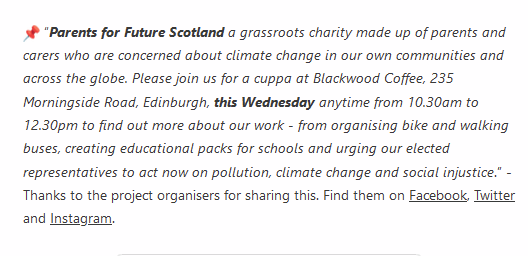 SpokesLothian's tweet photo. Weds 23 Oct, morning☕️
#ParentsForAFuture
"find out more about our work - from organising bike and walking buses, creating educational packs for schools and urging our elected representatives to act now on pollution, climate change and social injustice"
HT @EdinburghMinute https://t.co/rqQHdPL0r2