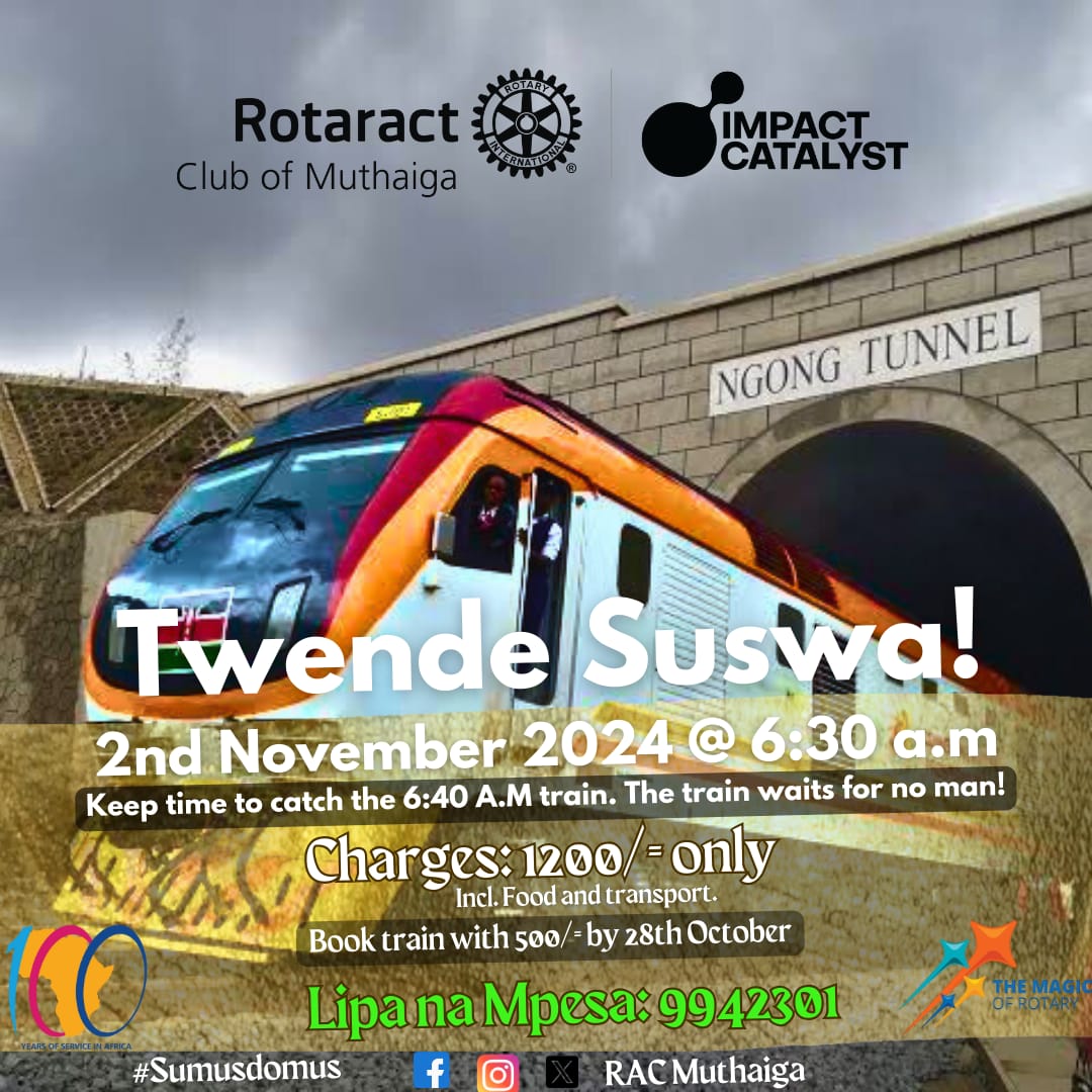 Join us on 2nd November as we ride the scenic train to Suswa! 🚄🌍 
 Departure: 6:30 AM sharp—don’t miss the 6:40 AM train!

 Ksh 1200 (includes transport and food)
💼 Secure your spot: Reserve with Ksh 500 by 26th October

 #TwendeSuswa #AdventureAwaits #Sumusdomus