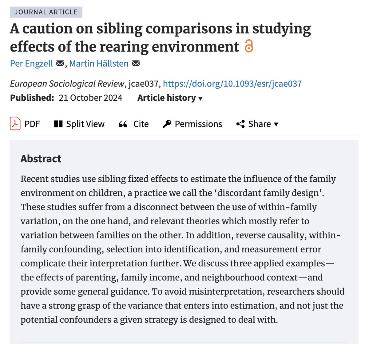 Ever wanted to know how *not* to study effects of the family environment? Read all about it! 
academic.oup.com/esr/advance-ar…