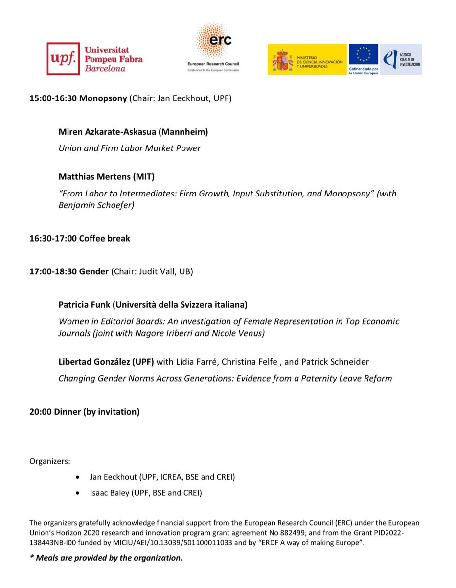 Workshop in honor of David Card (Nobel Prize 2021) at UPF today 

Migration, sorting, inequality, monopsony, and gender 

<a href="/econ_empresaUPF/">Economia i Empresa UPF</a> <a href="/bse_barcelona/">Barcelona School of Economics</a> <a href="/ERC_Research/">European Research Council (ERC)</a> 

Co-organized with <a href="/jan_eeckhout/">Jan Eeckhout</a>