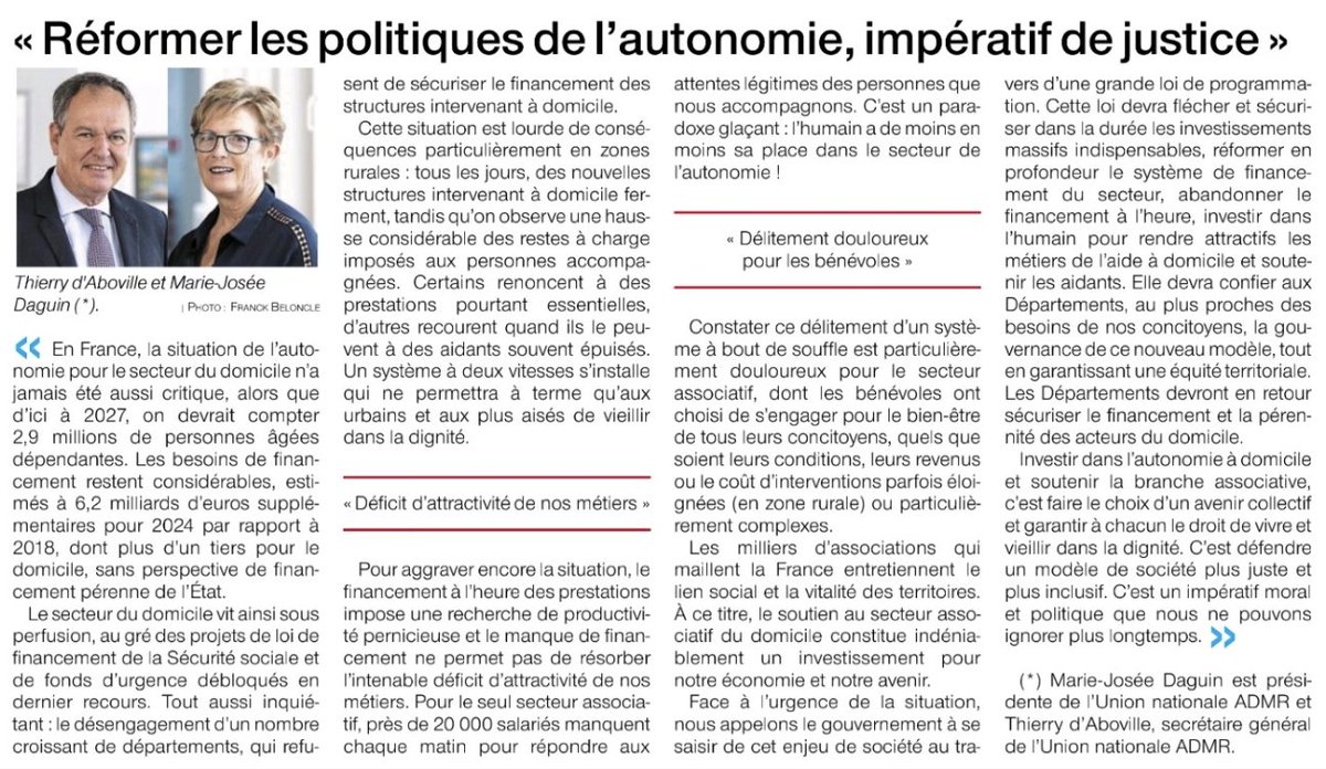 📰 Tribune "Réformer les politiques de l’autonomie, un impératif de justice sociale" dans <a href="/OuestFrance/">Ouest-France</a> 

<a href="/daguin_marie/">Daguin Marie-Josée</a>  et <a href="/dAboville2/">d'Aboville</a>  alertent sur l’urgence pour le domicile d’une loi de programmation ambitieuse. 
➡️ À lire :
ouest-france.fr/reflexion/poin…