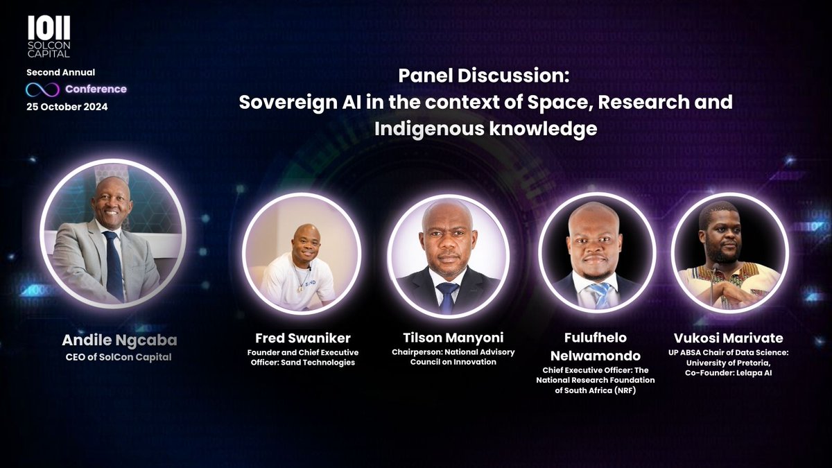 Excited to moderate an incredible panel at #SolconInfinity2024, where we’ll explore the intersection of Sovereign AI, space, research, and Indigenous knowledge. Joining me are Fred Swaniker, Tilson Manyoni, Fulufhelo Nelwamondo, &amp; Vukosi Marivate. #SovereignAI #AIForGood