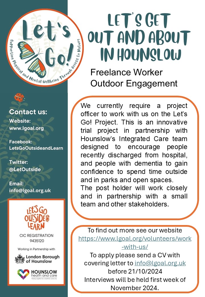 Habitats & Heritage (@habsandheritage) on Twitter photo Vacancy!📢<a href="/LetOutside/">Let's Go Outside & Learn</a> is hiring a Project Officer for Let’s Go, helping people in #Hounslow—recently out of hospital, at risk of falls or with dementia—enjoy parks and green spaces. 🌳
Apply by 1st Nov: send CV + cover letter to info@lgoal.org.uk.
More at bit.ly/3UgGT6E Vacancy!📢<a href="/LetOutside/">Let's Go Outside & Learn</a> is hiring a Project Officer for Let’s Go, helping people in #Hounslow—recently out of hospital, at risk of falls or with dementia—enjoy parks and green spaces. 🌳
Apply by 1st Nov: send CV + cover letter to info@lgoal.org.uk.
More at bit.ly/3UgGT6E