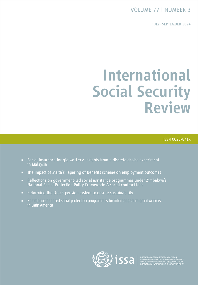 ISSACOMM's tweet photo. #IntSocSecReview no. 3 of 2024
-Social insurance & gig workers - Malaysia
-Benefits & employment outcomes - Malta
-Social protection & migrant workers - Latin America
-Social assistance - Zimbabwe
-Pension reforms - Netherlands
Free for ISSA members!
https://t.co/be0ey2hlCb https://t.co/Q1Ja8czltt