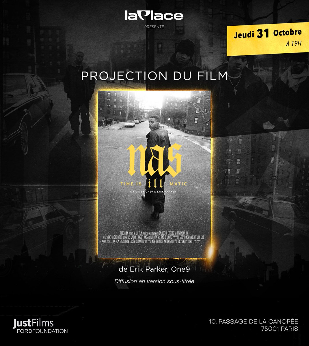 LaPlaceHipHop's tweet photo. Le 31 octobre, on célèbre les 30 ans de #Illmatic avec la projection du docu « #TimeIsIllmatic » (en version sous-titrée en français) à La Place.
Un film rare et précieux qui revient sur l’enfance de NAS et la création de cet album mythique !
🎟️ : https://t.co/ppceZis7WN https://t.co/wuDVfFcs4N