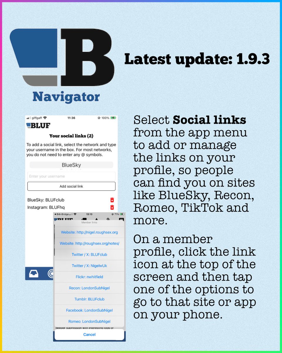 Moar updates! Navigator 1.9.3 allows you to easily manage the social links on your BLUF profile
