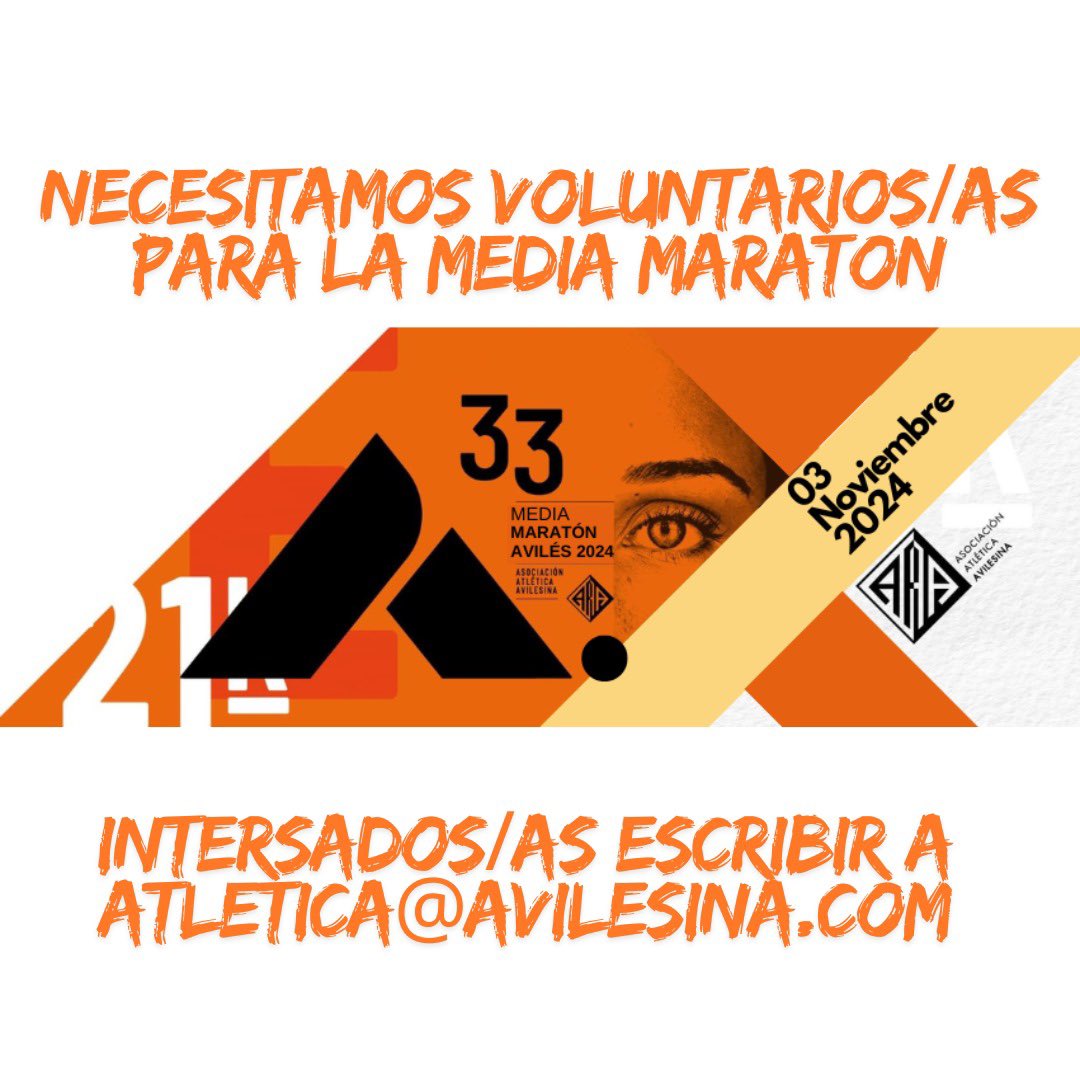 Atlética Avilesina (@avilesina_) on Twitter photo Si quieres vivir la XXXIII Media Maratón de Avilés este próximo 3 de noviembre puedes hacerlo desde dentro como voluntario/a. Si te interesa escríbenos a atletica@avilesina.com enviándonos tus datos personales (nombre completo , DNI, fecha de nacimiento y teléfono de contacto) Si quieres vivir la XXXIII Media Maratón de Avilés este próximo 3 de noviembre puedes hacerlo desde dentro como voluntario/a. Si te interesa escríbenos a atletica@avilesina.com enviándonos tus datos personales (nombre completo , DNI, fecha de nacimiento y teléfono de contacto)