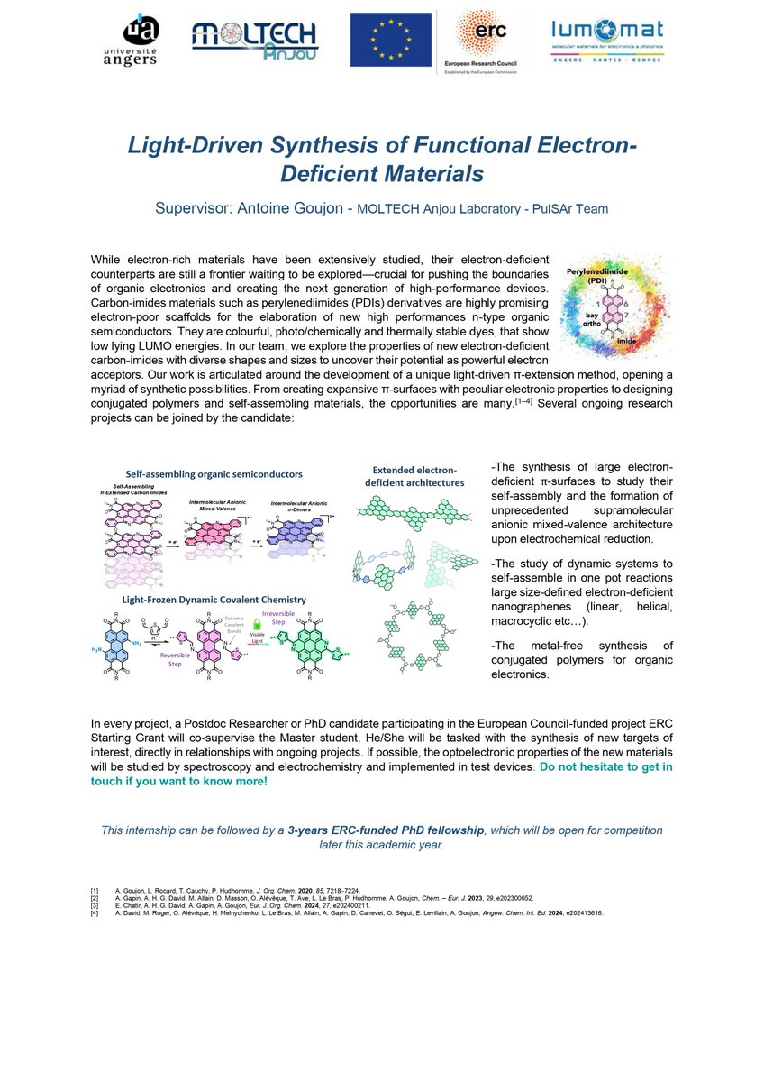 Antoine Goujon (@antoinegoujon1) on Twitter photo We have a position for a master's student intership <a href="/MOLTECH_Anjou/">MOLTECH-Anjou</a> <a href="/UnivAngers/">Université d'Angers</a> ! Details in the picture. Feel free to contact me: antoine.goujon@univ-angers.fr
This internship may lead to a three-year PhD fellowship funded by an ERC grant.
@EURLUMOMAT <a href="/ERC_Research/">European Research Council (ERC)</a> We have a position for a master's student intership <a href="/MOLTECH_Anjou/">MOLTECH-Anjou</a> <a href="/UnivAngers/">Université d'Angers</a> ! Details in the picture. Feel free to contact me: antoine.goujon@univ-angers.fr
This internship may lead to a three-year PhD fellowship funded by an ERC grant.
@EURLUMOMAT <a href="/ERC_Research/">European Research Council (ERC)</a>