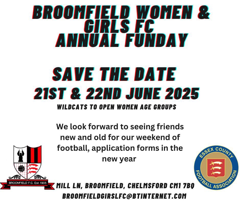 Looking forward to welcoming old &amp; new friends to our annual funday 
Full details in the new year 
<a href="/EnglandFootball/">England Football</a> <a href="/EssexCountyFA/">Essex County FA</a> <a href="/ECGFL_2018/">Essex County Girls Football League</a> #chelmsford #girlsfootball