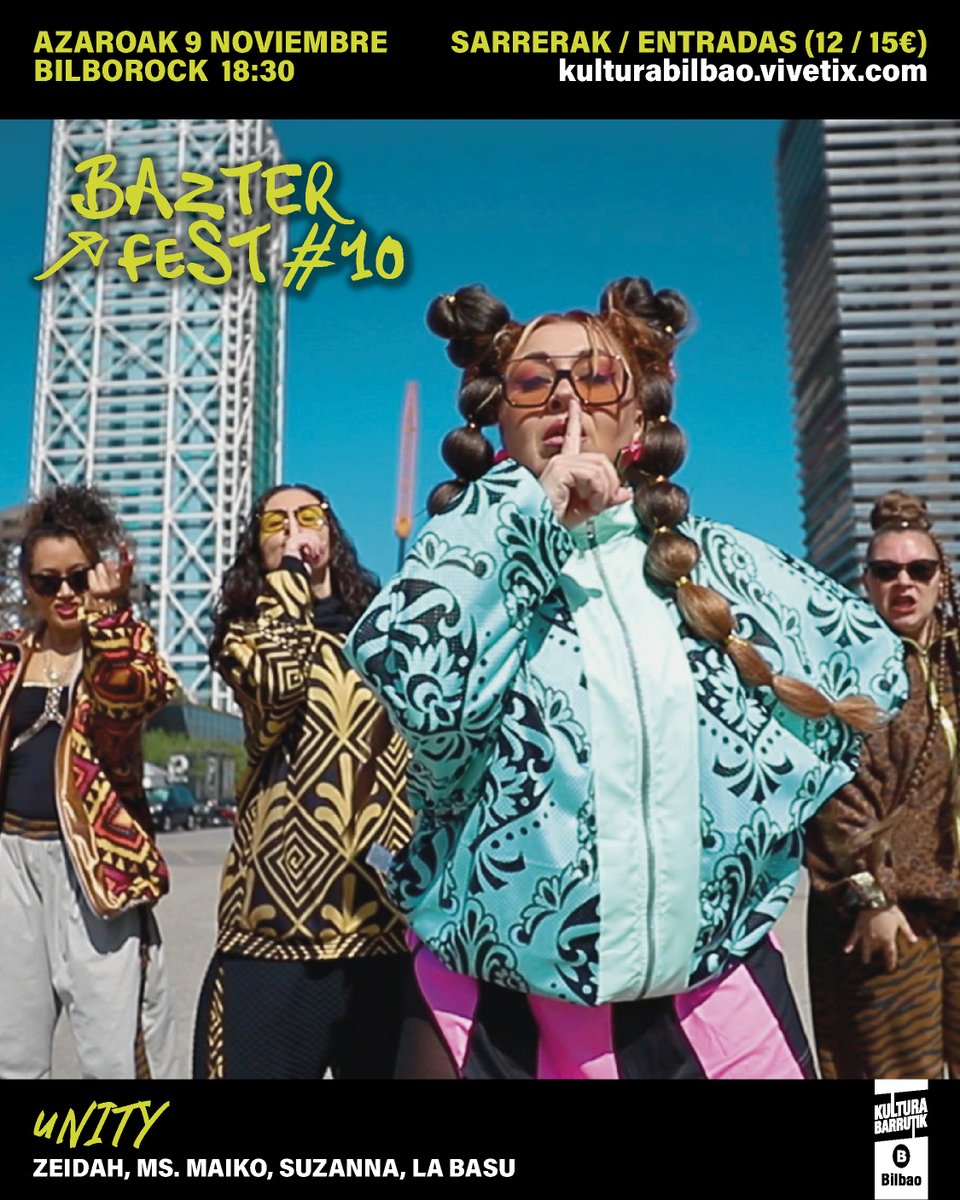 🔊 UNITY (<a href="/suzannamuzic/">Suzannamuzic</a>, <a href="/MsMaiko/">Ms Maiko</a>, <a href="/labasu1/">La Basu</a>) taldeak dardarka jarriko gaitu #BazterFest Jaialdiaren 10. edizioan. Hip-hopari lotutako emakumeen kolektibo ziklikoa da 🔗 labur.eus/1aB7S

🗓️ Azaroak 9
📍 <a href="/Bilborockbilbao/">Bilborock</a>
🎟️ labur.eus/aSOBF