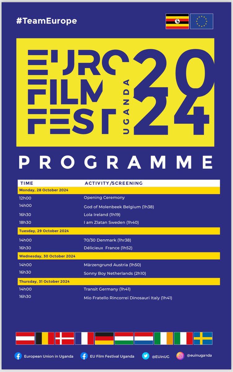 EU in Uganda (@euinug) on Twitter photo 🎬 Lights, Camera, Action!
The EU Film Festival is back in #Uganda🇺🇬!
Oct 28-31 at National Theatre (<a href="/UNCC_UG/">Uganda National Cultural Centre</a>) #Kampala. 9 award-winning European films, all FREE! Shows at 2PM & 4:30PM (+ 6:30 PM on Monday).
Brought to you by <a href="/EUinUG/">EU in Uganda</a> & #TeamEuropeUG 🇪🇺
#EUFilmFestUG 🎬 Lights, Camera, Action!
The EU Film Festival is back in #Uganda🇺🇬!
Oct 28-31 at National Theatre (<a href="/UNCC_UG/">Uganda National Cultural Centre</a>) #Kampala. 9 award-winning European films, all FREE! Shows at 2PM & 4:30PM (+ 6:30 PM on Monday).
Brought to you by <a href="/EUinUG/">EU in Uganda</a> & #TeamEuropeUG 🇪🇺
#EUFilmFestUG