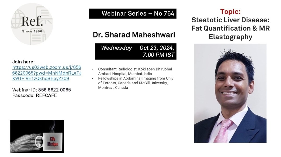 abdo_imaging's tweet image. Please join the webinar on steatotic liver disease and MR Elastography.

When: 23rd October, 7-8 pm IST 
Where: Zoom
Webinar ID: 85666220065
Passcode: REFCAFE

#AIQuiz
#FOAMed 
#foamrad 
#radtwitter
#Radiology 
#mrelastography 
#MASLD 
#cirrhosis 
@CafeRoentgen @Rad_Bits