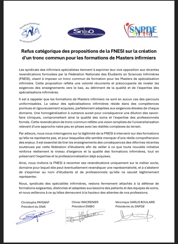 SNIA75's tweet image. 📣 Communiqué Commun des organisations professionnelles des infirmier.e.s spécialistes #IADE #IBODE #IPDE @SNIA75 @SyndicatIbo #SNPDE opposées à l’ingérence de la @La_FNESI et à ses revendications lunaires pour nos filières : 
👇👇👇
snia.net/actualiteacute…
🧵 1/12