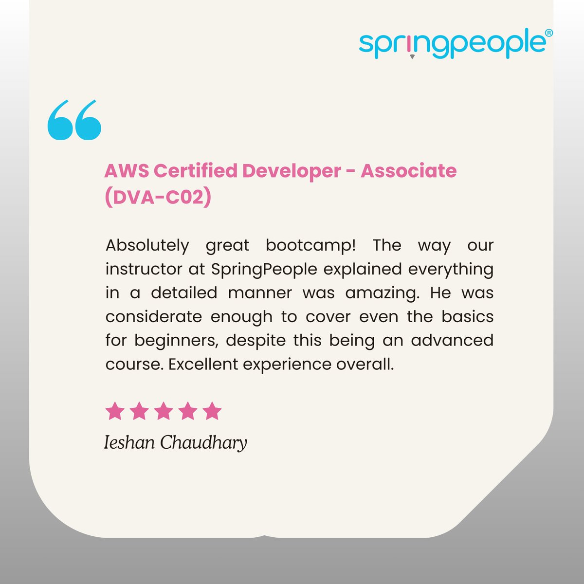 SpringPeople_SP's tweet image. If words could smile, this review would beam. Thank you leshan Chaudhary for recognizing our efforts and passion on our AWS Developer course.

#SpringPeople #LearningExperience #AWSDeveloper #Upskilling #TechTraining #AWSCertified #DeveloperAssociate #CareerGrowth #TechEducation