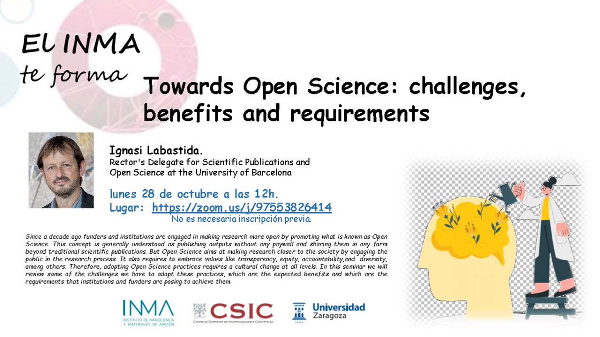 INMAdivulga's tweet photo. 🔜28 de octubre - 12h, próximo curso de "INMA te forma"
"Towards Open Science: challenges, benefits and requirements", impartida por 🗣  Ignasi Labastida.
Zoom: https://t.co/ru7icSeX8v.
ℹ https://t.co/xJA0KaZwV9
@unizar @AragonCsic @Ciencias_Unizar @MolCal_DN https://t.co/B8RoFY55D2