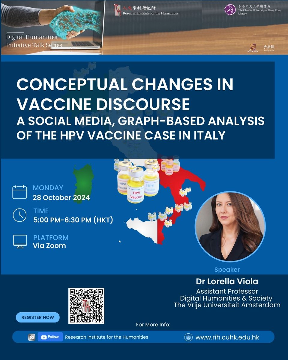 Lorella Viola (@violalorella) on Twitter photo 📢Join me at <a href="/CUHKofficial/">The Chinese University of Hong Kong - CUHK</a> for my talk on "Conceptual Changes in HPV Vaccine Discourse"
🧐Discover how health narratives shifted from 2012–2024
🗓️Oct 28, 2024
⏰ 5:00 PM–6:30 PM (HKT)
📍 Via Zoom
#VaccineDiscourse #DigitalHumanities #HPVVaccine #PublicHealth 📢Join me at <a href="/CUHKofficial/">The Chinese University of Hong Kong - CUHK</a> for my talk on "Conceptual Changes in HPV Vaccine Discourse"
🧐Discover how health narratives shifted from 2012–2024
🗓️Oct 28, 2024
⏰ 5:00 PM–6:30 PM (HKT)
📍 Via Zoom
#VaccineDiscourse #DigitalHumanities #HPVVaccine #PublicHealth