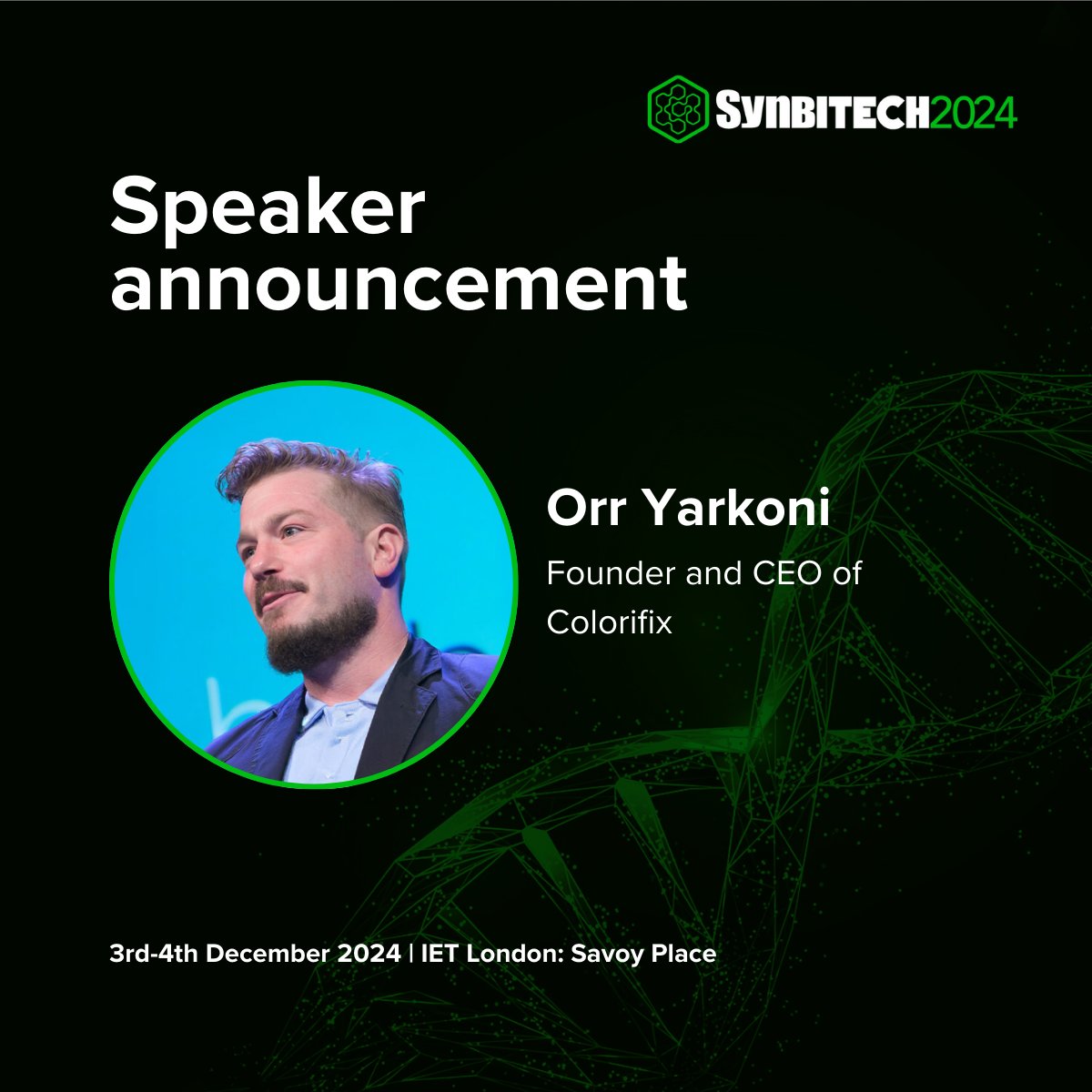 SynbiCITE's tweet image. SynbiTECH is pleased to announce that @colorifix will be exhibiting at SynbiTECH 2024!
Orr Yarkoni, Founder and Chief Executive Officer of Colorifix will be presenting on Day One.
To find out more about the #SynbiTECH24 programme and speakers visit synbitech.com