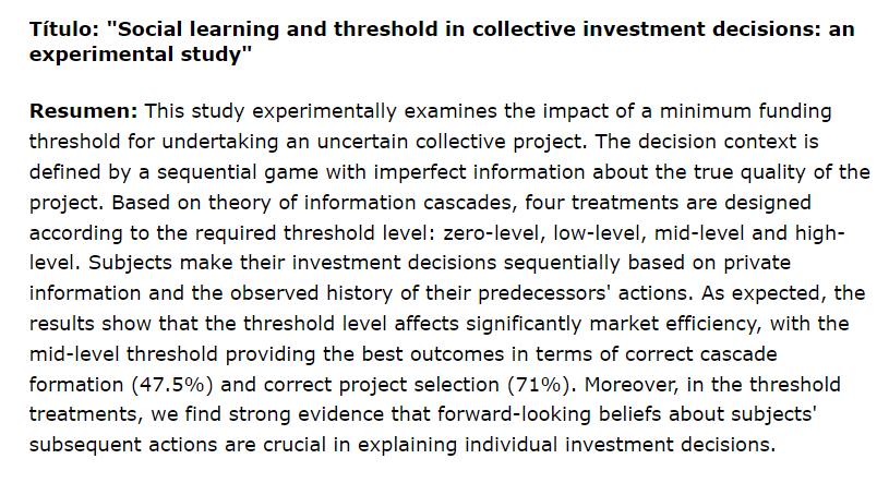 🚨Next <a href="/EconUpo/">Econ-UPO</a> #Seminar🚨

📄"Social learning and threshold in collective investment decisions: an experimental study" 
🗣️Cristina Martínez Gómez (Universidad de Jaén)

 📅Monday 28, Oct. 
🕛12 noon 
📍Boardroom. Building 3. <a href="/pablodeolavide/">Pablo de Olavide</a>