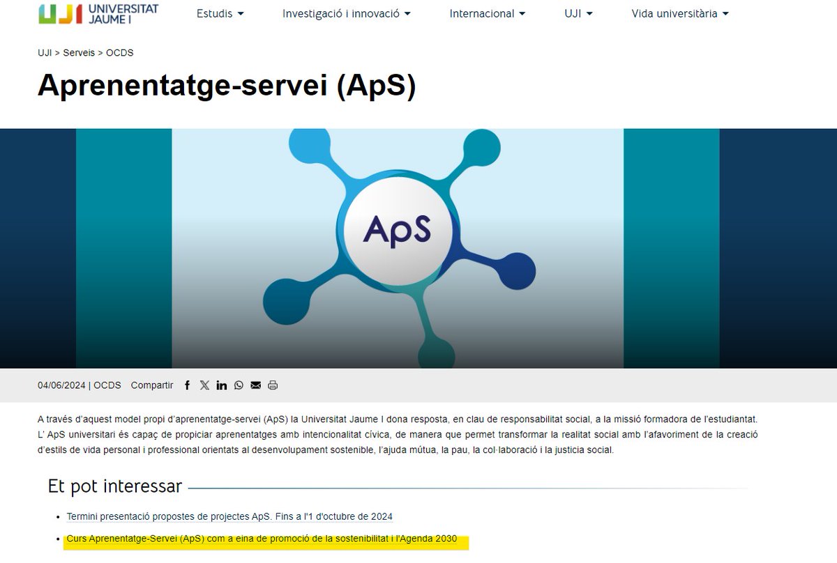 Últims dies d'inscripcions! Curs de Formació Docent: Aprenentatge-Servei com a eina de promoció de #sostenibilitat i #Agenda2030 amb la col·laboració de UFIE <a href="/UJIuniversitat/">Universitat Jaume I</a> i <a href="/generalitat/">Generalitat</a> 
🕒 20 h
📅 01.11-20.12
✔En línia 
📝 i.mtr.cool/xmbupyeqmn 
➕ i.mtr.cool/qyqtjuaiqf