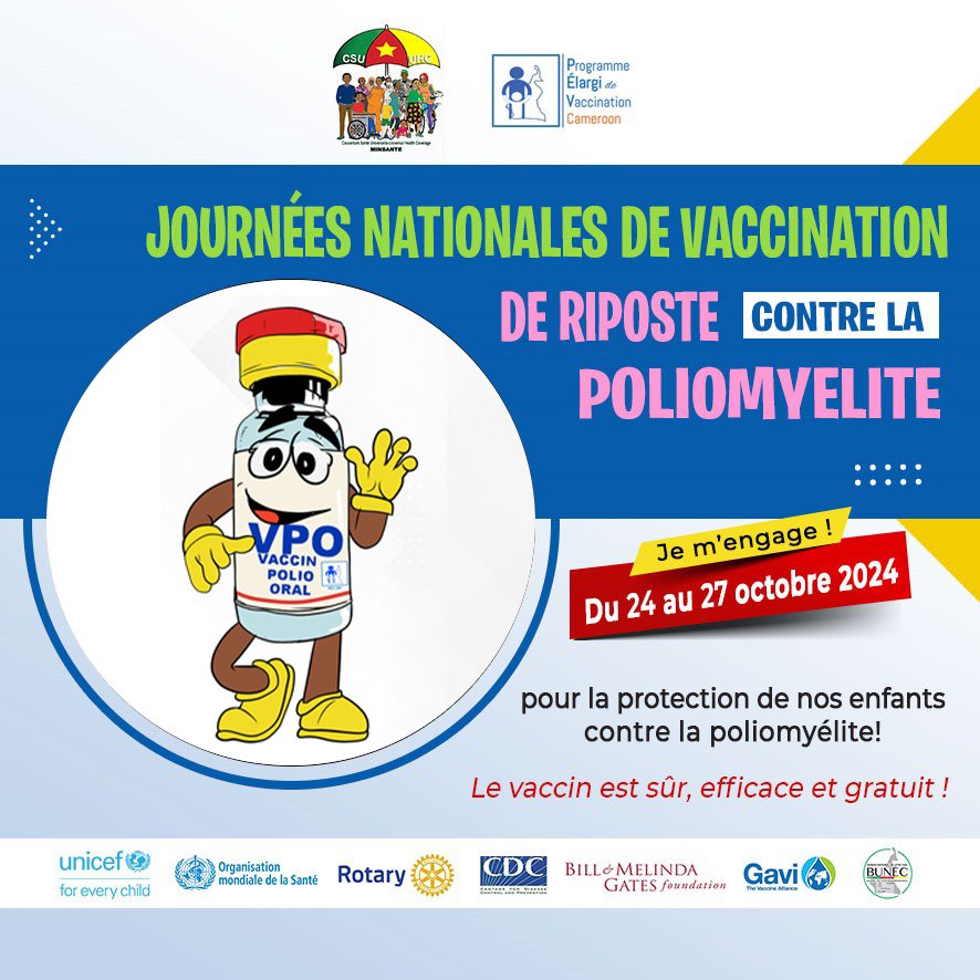 🗒️ Parce que la poliomyélite fait toujours des victimes, parce que le #Cameroun est en épidémie. Le <a href="/MinsanteCMR/">MinsanteCameroun</a> organise du 24 au 27 octobre 2024, une campagne de #vaccination 💉contre la #polio dans les 10 régions 🇨🇲
Cible : enfants de 0 à 5 ans.

#24OutPolio237