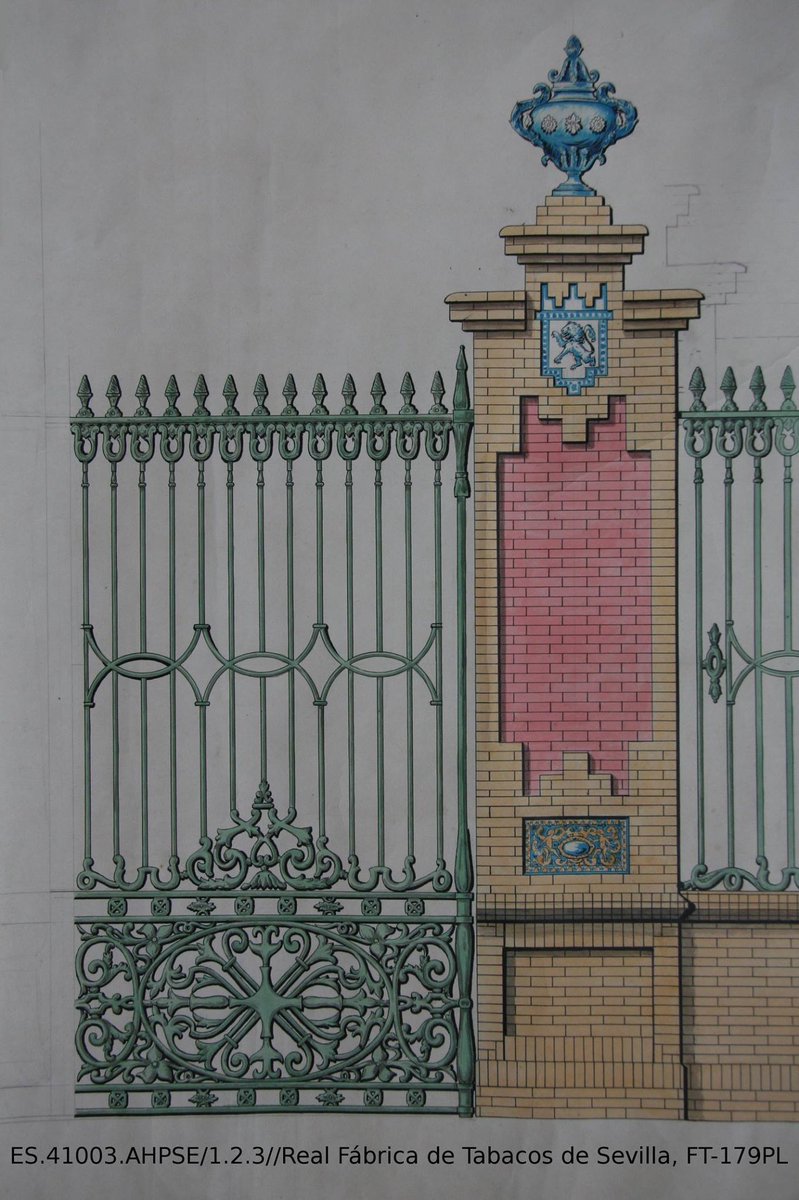 LA REJA "LONDINENSE" DE LA FÁBRICA DE TABACOS
Durante la construcción de la Real Fábrica de Tabacos de #Sevilla (1728-1771) se realiza la reinterpretación urbanística de la zona, creándose por sus mismos ingenieros la calle San Fernando, 
(1/4)🧵