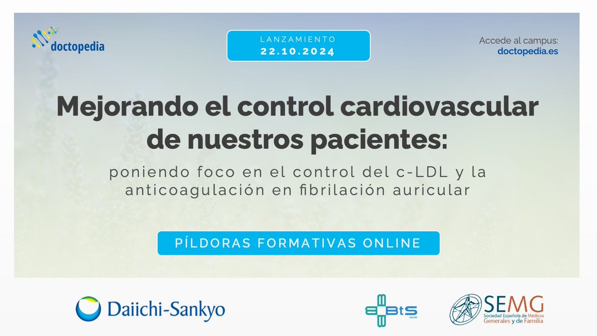🆕 Hoy lanzamos las píldoras formativas #online:

🫀 Mejorando el control #cardiovascular de nuestros pacientes
🔎 poniendo foco en el control del c-LDL y la #anticoagulación en #fibrilaciónauricular

▶️ visualizalas aquí buff.ly/3BUQE4p sin necesidad de registro