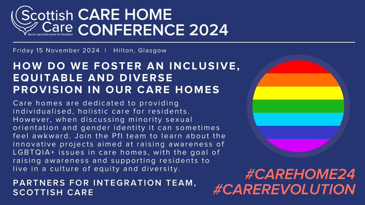 Scottish Care (@scottishcare) on Twitter photo ๐ Join us at the Care Home Revolution on 15 Nov for an insight session with the <a href="/partnersforhsci/">Partners for HSCI</a> at Scottish Care!
Discover how to foster inclusive and diverse care, especially regarding LGBTQIA+ issues.
Book on: buff.ly/3RwLFMc
#CareHome24 #CareRevolution ๐ Join us at the Care Home Revolution on 15 Nov for an insight session with the <a href="/partnersforhsci/">Partners for HSCI</a> at Scottish Care!
Discover how to foster inclusive and diverse care, especially regarding LGBTQIA+ issues.
Book on: buff.ly/3RwLFMc
#CareHome24 #CareRevolution