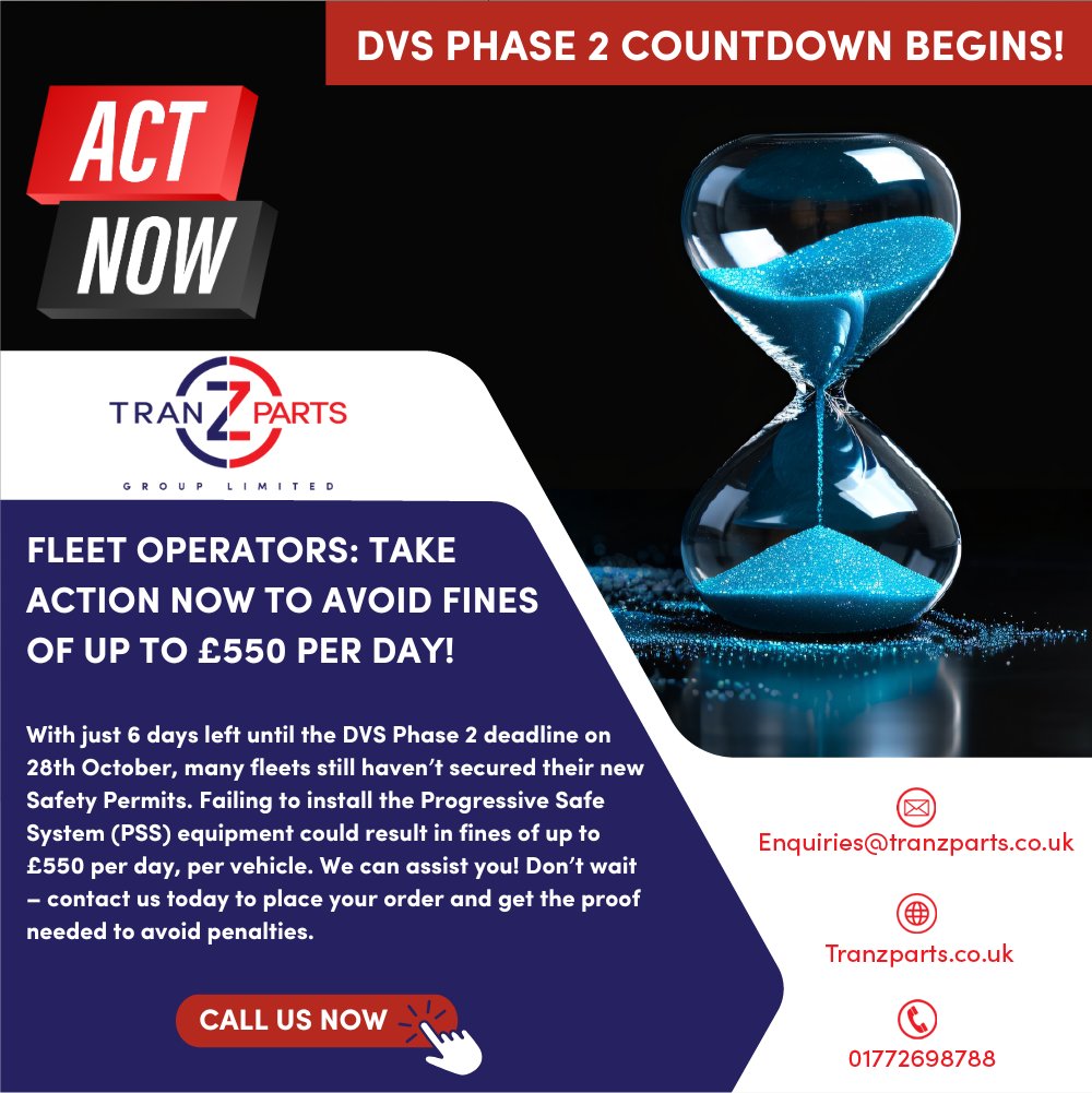 Fleet Operators: Act Now to Avoid Fines of Up to £550/Day! 🚨 With just 6 days until the DVS Phase 2 deadline on 28th October, ensure you secure your Safety Permits and install the Progressive Safe System (PSS). Contact Tranzparts today to stay compliant!

#DVSPHASE2 #Tranzparts