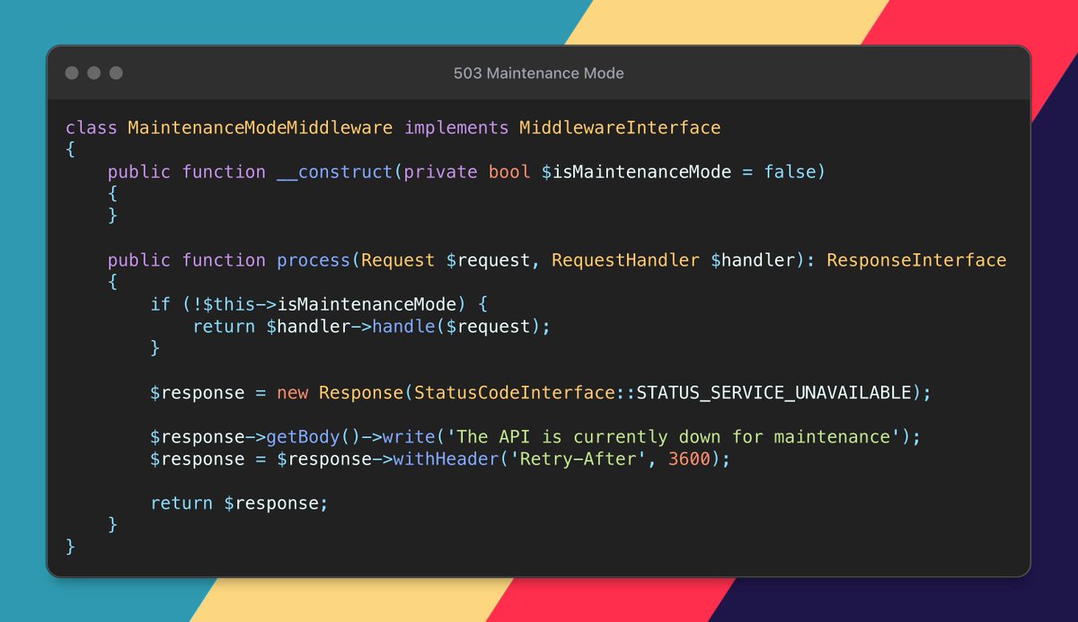garyclarketech's tweet image. In PHP API Pro we’ll create this MaintenanceModeMiddleware
Even during maintenance, the user experience remains a top priority.
#PhpApiPro 👉 garyclarke.tech/p/php-api-pro
#PHP #ApiDevelopment
