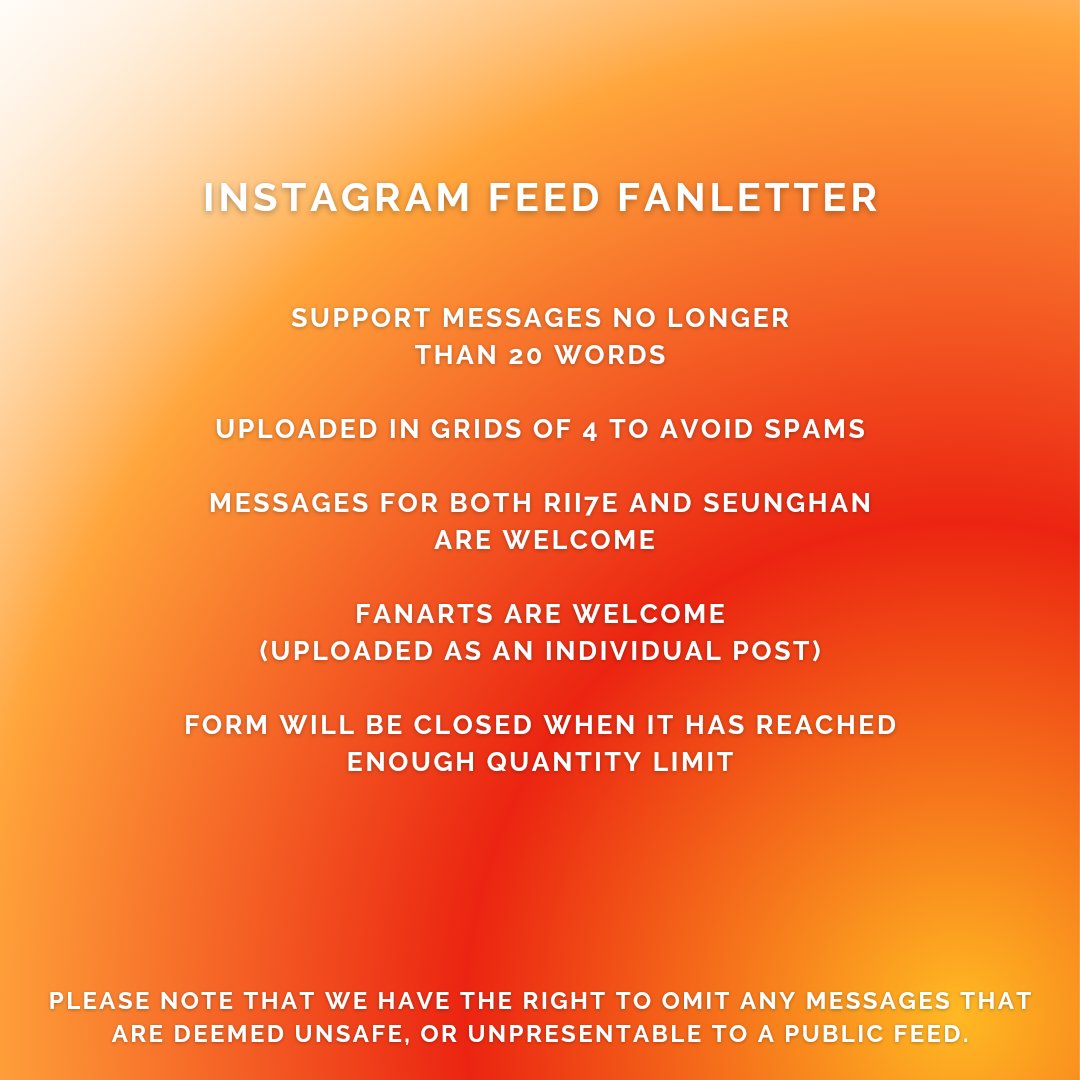RII7E SUPPORT PROJECT
— by SG BRIIZE

Instagram feed fanletter
- supportive messages will be posted on public feed to show support for RII7E &amp; Seunghan

📅 Until form closes
🔗 forms.gle/woAJta2axMoH6R…