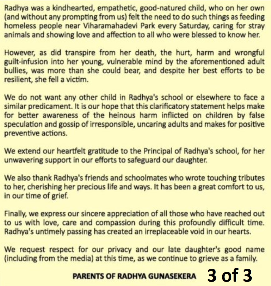 rangaba's tweet photo. Parents of Radhya Gunasekera, who tragically died on Oct 7, have taken out a P-1 advert in the @Dailymirror_SL  to convey their side of this sad story. It underscores the need to address the dangerous culture of bullying in schools. Hope @Dr_HariniA  will have this investigated. https://t.co/Fo9tXmboEg