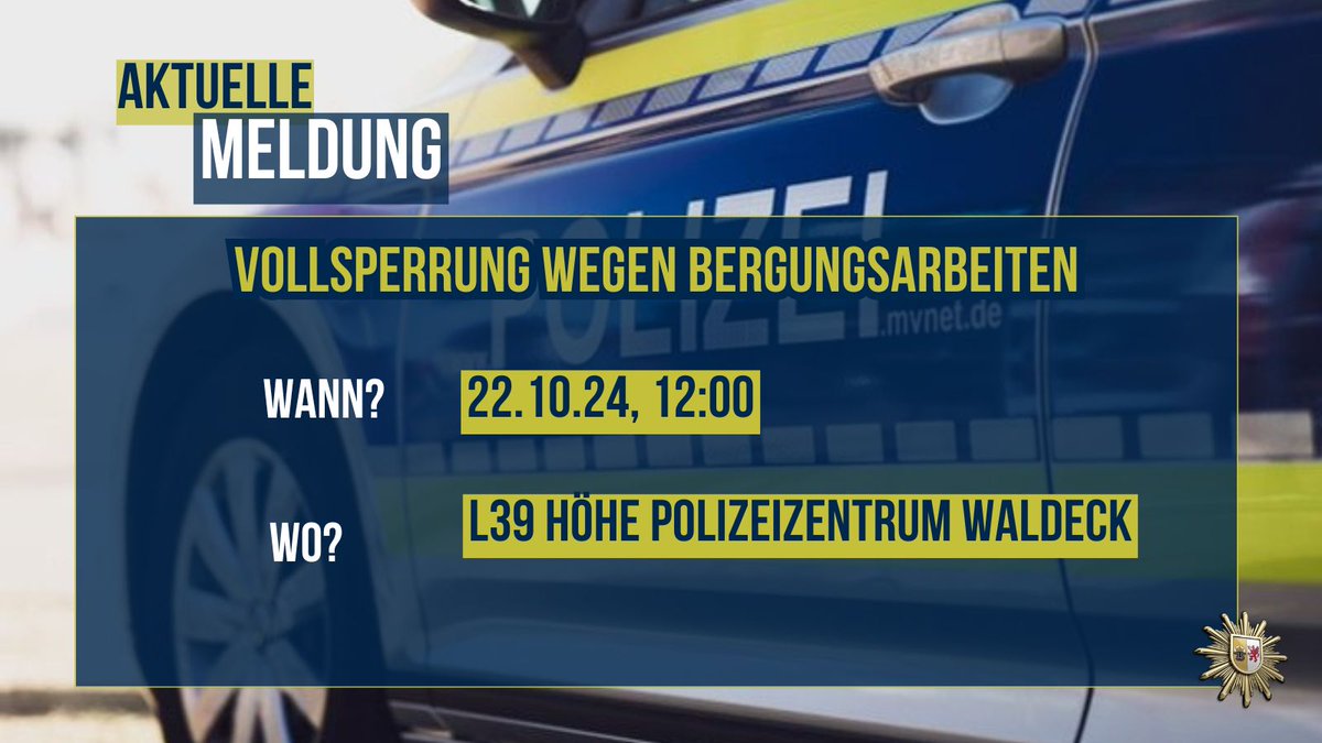 Polizei_MV's tweet photo. Heute Morgen kam es auf der #L39 bei #Waldeck zu einem #Unfall. Ein 37-jähriger LKW-Fahrer kam aus ungeklärter Ursache von der Fahrbahn ab. Die L39 ist ab 12:00 Uhr bis zur Bergung gesperrt. Eine Zufahrt zum Polizeizentrum Waldeck ist von der A20 kommend nicht möglich. https://t.co/Nqq8Lk3mXn