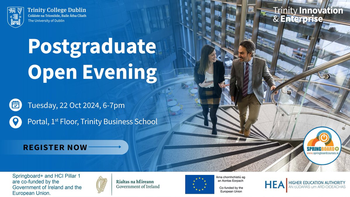 TCDPortal's tweet image. Today's the day! Secure your spot at hubs.la/Q02R2v6r0
Limited spots for our 2024/25 Springboard+ Postgraduate courses Open Evening. FREE places at Trinity College Dublin @tcddublin for eligible applicants!
Like and share, no one should miss out!
